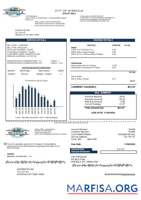 Blank USA City of Missoula business utility bill template in Word and PDF formats